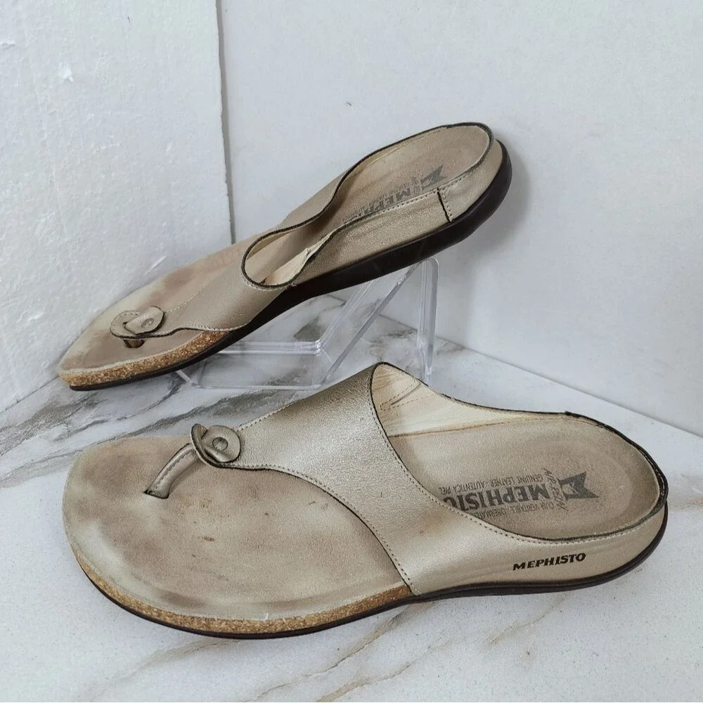 Mephisto Air-Relax Metallic Gold Leather Thong Sandals, Sz 10